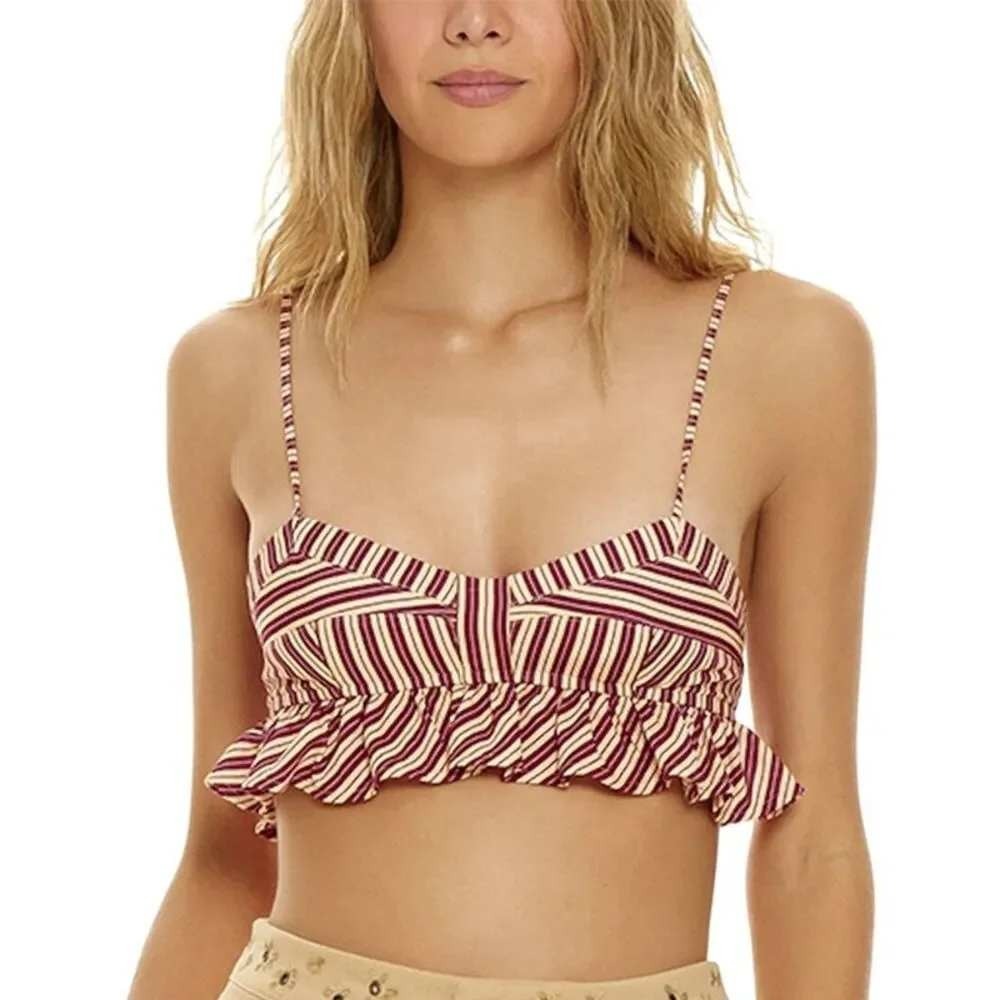 Agua Bendita Mae Merzin Striped Ruffle Crop Top Burgundy Cream‎ Linen Blend L